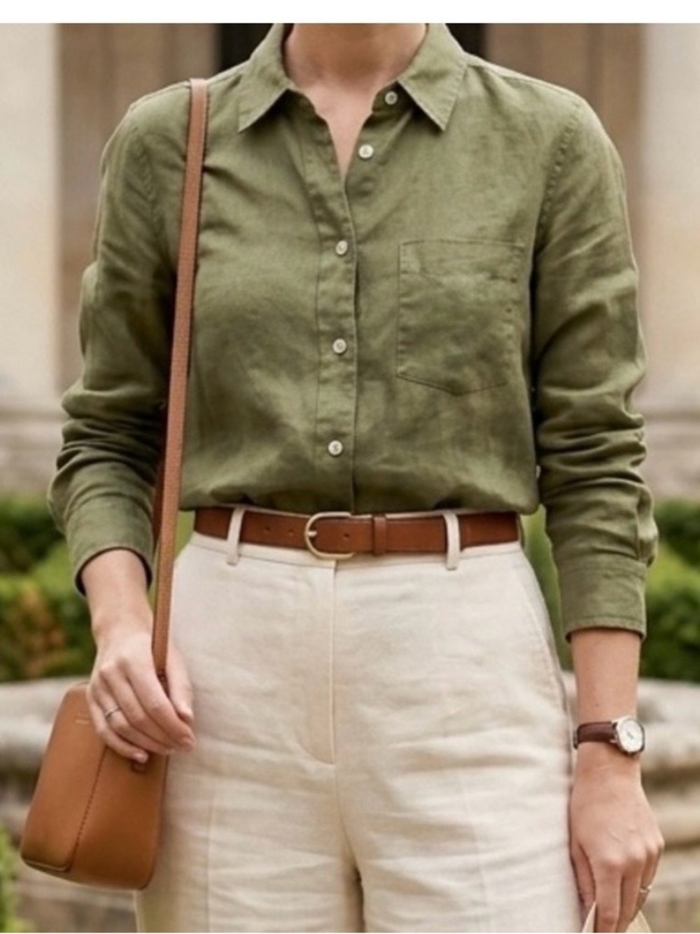 J. Crew Olive Green 110% linen Button-Front Linen Shirt